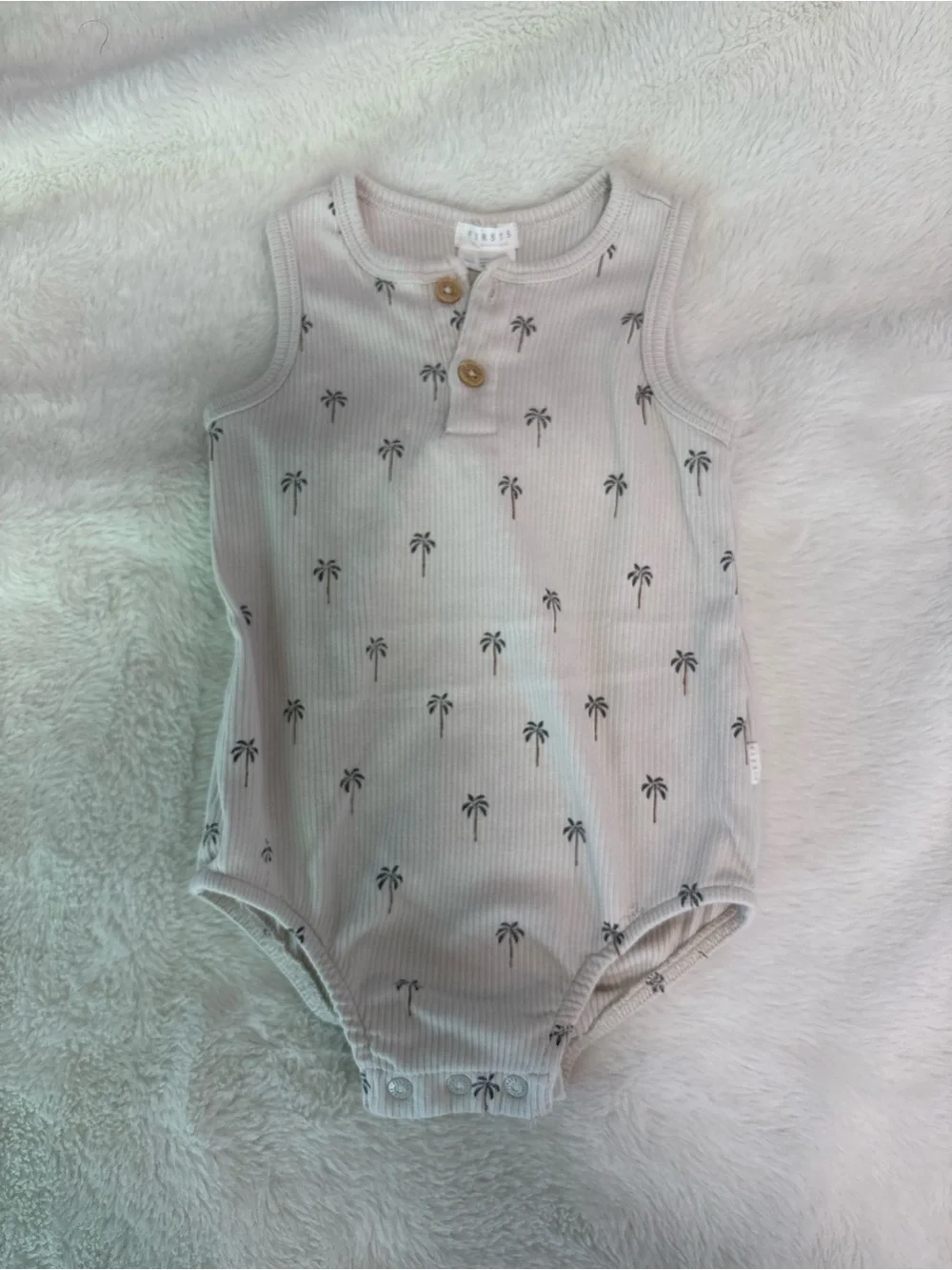 Sleeveless Ribbed Baby One-Piece in Light Cream with Palm Print